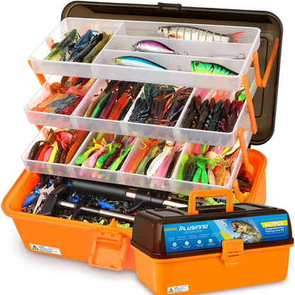PLUSINNO Large 4-Layer Tackle Box with Tackle Included, 547Pcs Fishing Lures Kit - Pliers, Crankbait, Hooks, Weights & Accessories - Freshwater Bass Fishing Bait Lure Gear and Equipment, Gift for Men