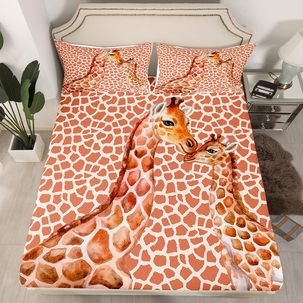 Cute Giraffe Fitted Sheet Queen Size African Wild Animals Bedding Set 3Pcs for Kids Girls Boys Teens Room Decor Cartoon Giraffe Skin Print Bed Sheet Fashion Soft Deep Packet Sheet,2 Pillowcases