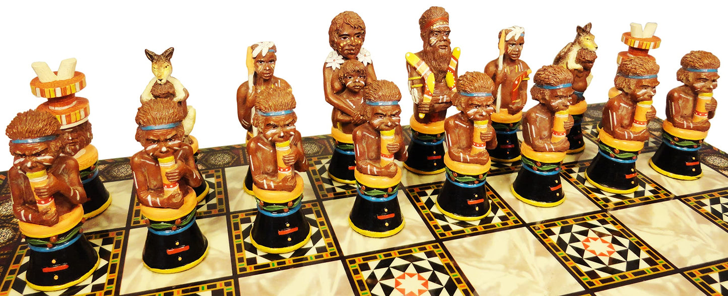 Australian Aborigines Tribal Chess Set with 14 1/2 inch Mosaic Color Board Aboriginal