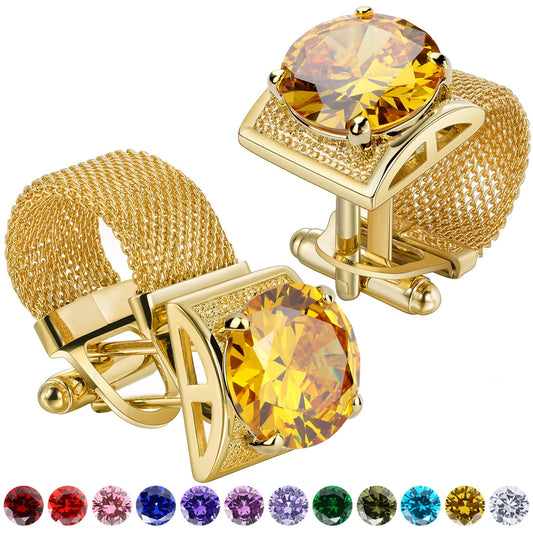 Birthstone Cufflinks for Men with Chain - Shiny Gold Tone Shirt cuff links -Wedding Business Birthday Christmas Gifts for Men.