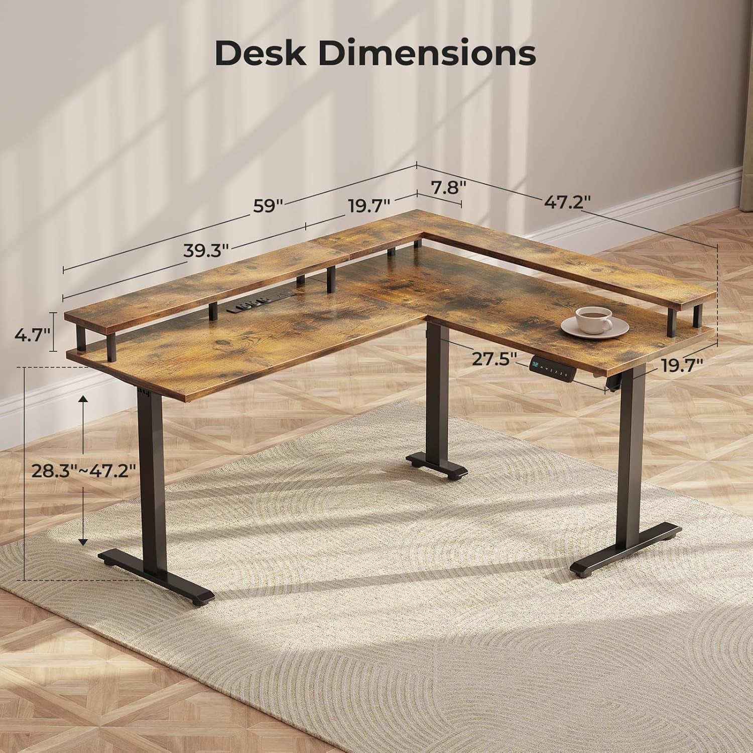 Electric L Shaped Standing Desk, 59 Inch Height Adjustable Stand up Desk with Power Outlets ＆ Full Monitor Stand, Reversible Corner Desk for Home Office ＆ Computer Workstation, Rustic Brown-2