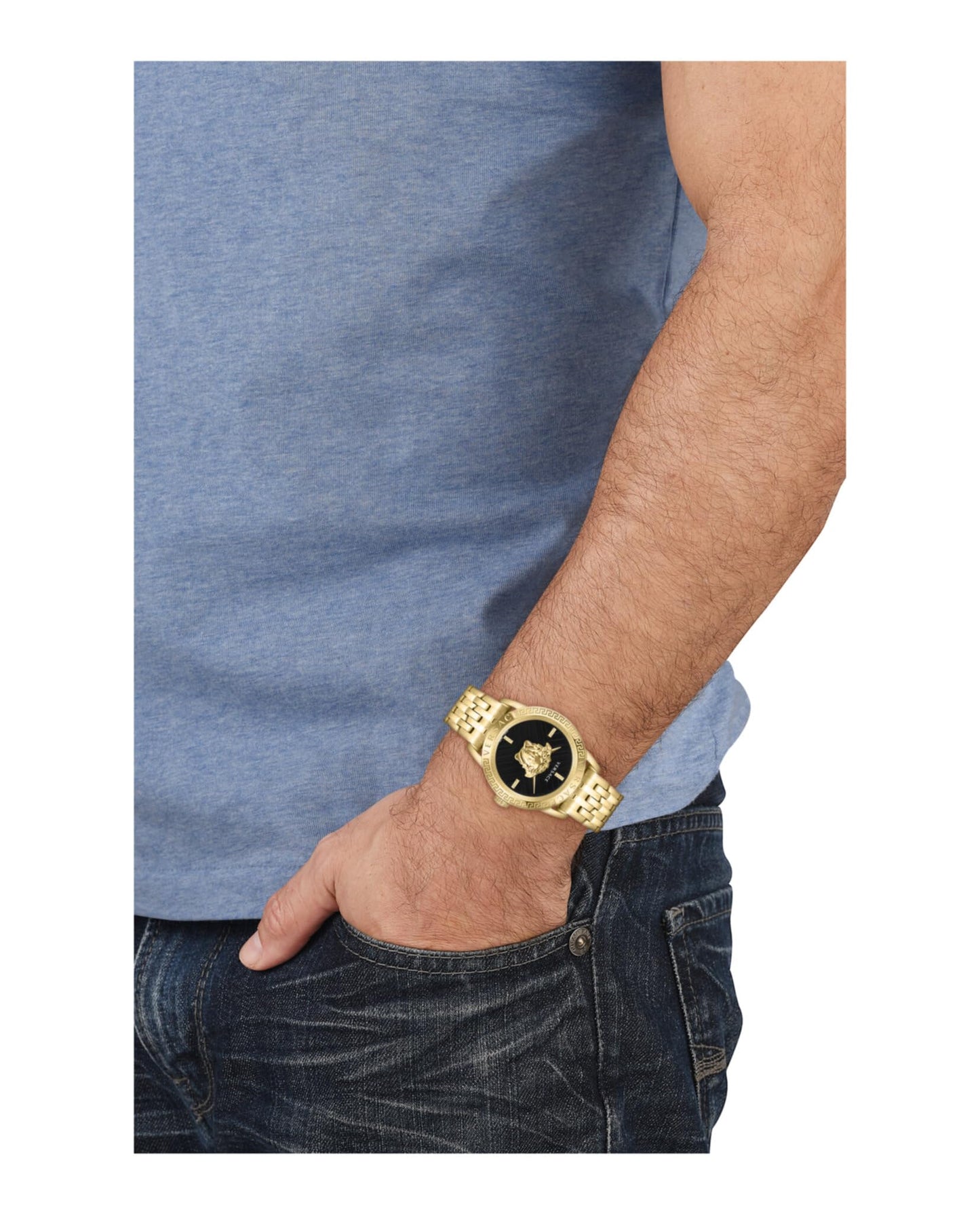 Versace V-Code Collection Luxury Mens Watch Timepieces with a Gold Bracelet Featuring a IP Yellow Gold Case and a Black Dial