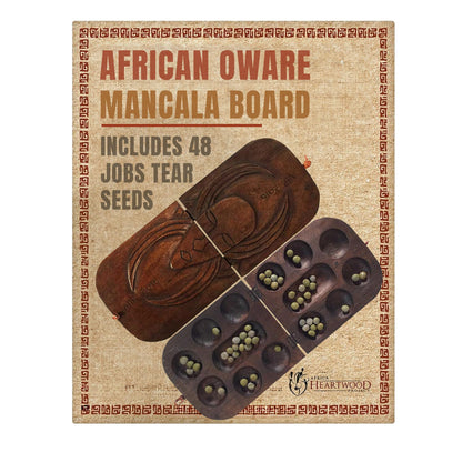 Africa Heartwood Project African Oware Mancala Board - Folding Rounded Shape, Hand-Carved Solid Wood with Mask Design, 48 Seeds and Instructions Included