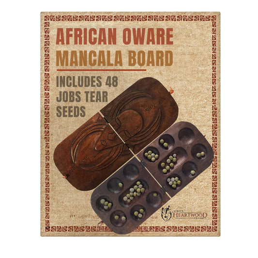 Africa Heartwood Project African Oware Mancala Board - Folding Rounded Shape, Hand-Carved Solid Wood with Mask Design, 48 Seeds and Instructions Included