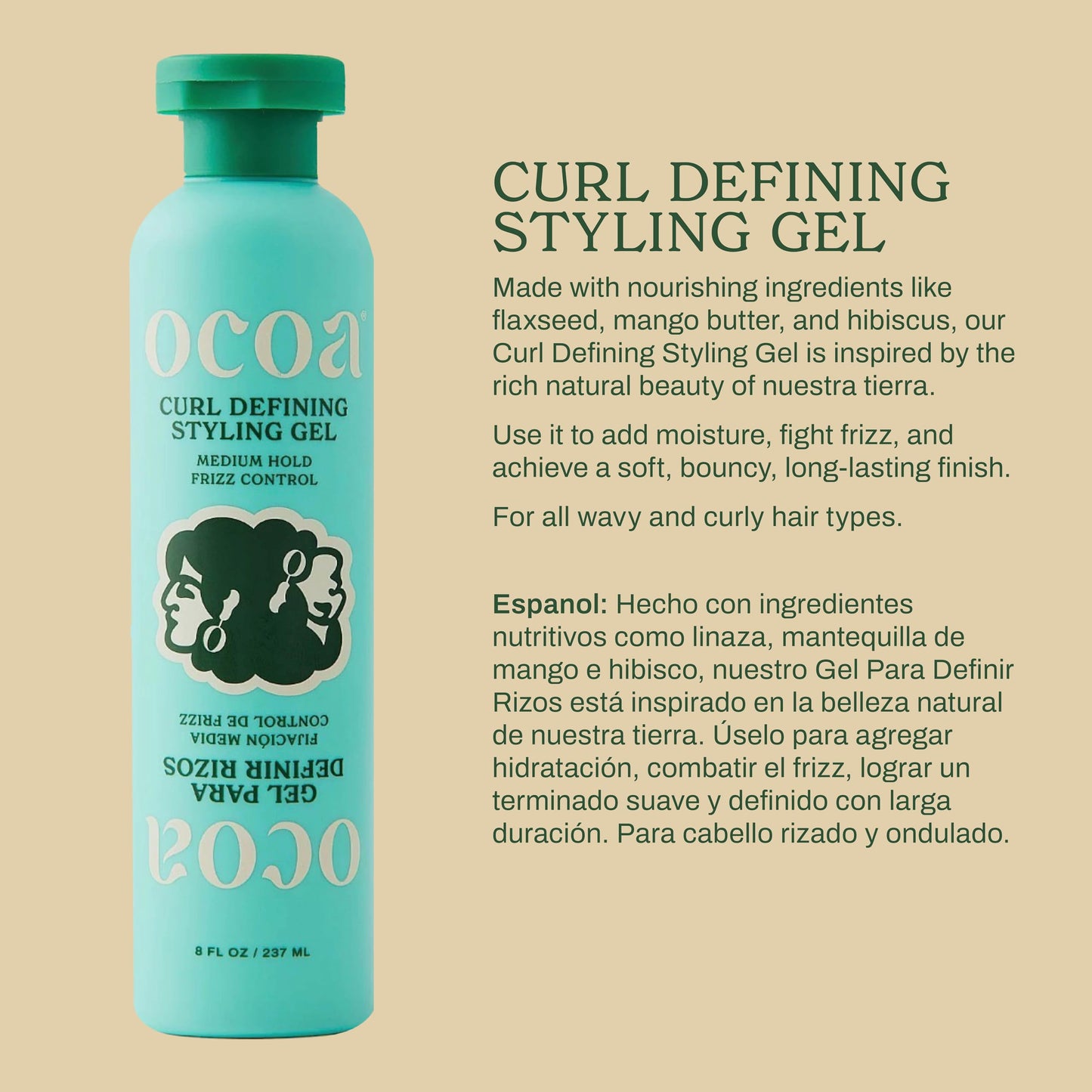 OCOA Beauty Curl Defining Styling Gel with Flaxseed, Mango Butter & Hibiscus - Hydrates, Defines, and Controls Frizz for Soft, Touchable Curls, 8 oz