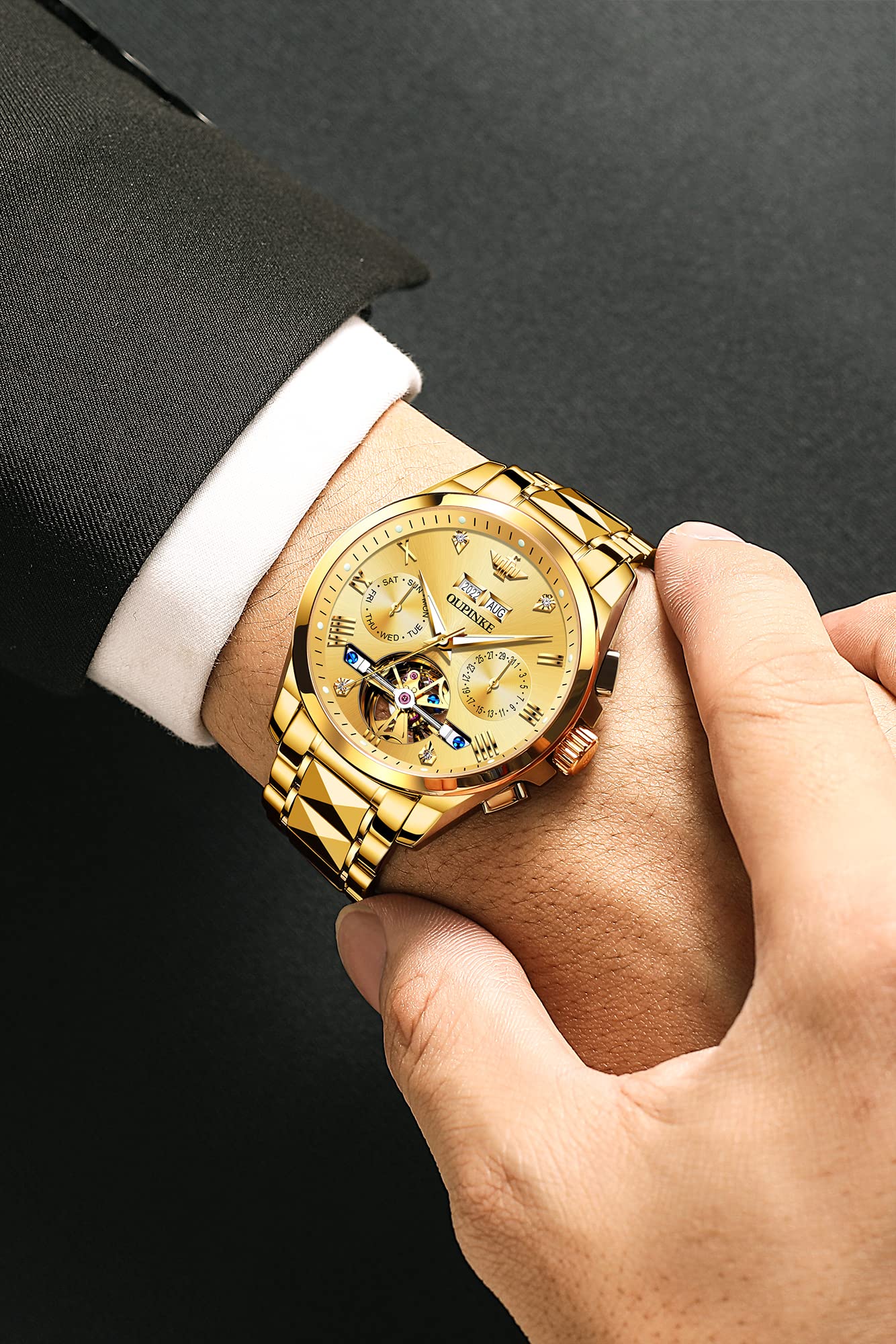 OUPINKE Gold Men Automatic Mechanical Wrist Watches Luxury Dress Tungsten Steel Luminous Waterproof Sapphire Diamond Calendar Best Gifts Men