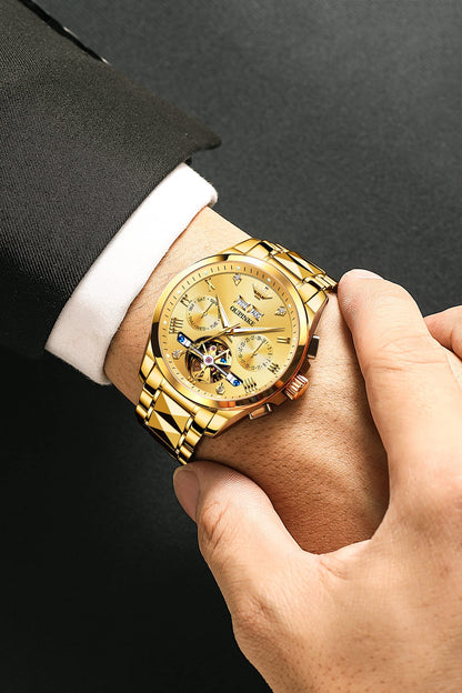OUPINKE Gold Men Automatic Mechanical Wrist Watches Luxury Dress Tungsten Steel Luminous Waterproof Sapphire Diamond Calendar Best Gifts Men
