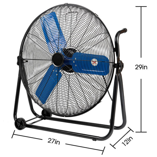 24" Industrial Fan Heavy Duty, 8500 CFM High Velocity Floor Fan 3 Speeds, Metal Construction and Aluminum Blades, 360° Tilt Metal Fan for Warehouse Garage Shop Workshop Factory and Basement Blue