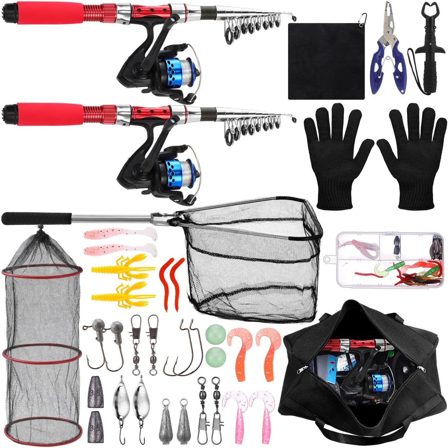 LaRandom 51 Pcs Fishing Pole Combo 6.89ft Telescopic Rods Set Collapsible Fishing Rods with Plier Lip Gripper Lures Carrier Bag Pre Loaded Spinning Reel with Freshwater Rod and Reel Combos Kit (Red)