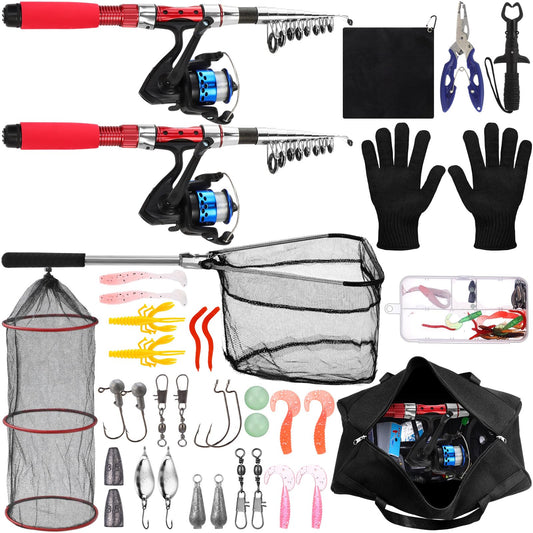 LaRandom 51 Pcs Fishing Pole Combo 6.89ft Telescopic Rods Set Collapsible Fishing Rods with Plier Lip Gripper Lures Carrier Bag Pre Loaded Spinning Reel with Freshwater Rod and Reel Combos Kit (Red)
