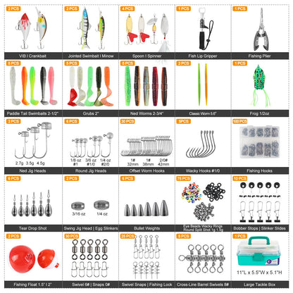 TCMBY 3 Layers Tackle Box with Tackle Included, 321Pcs Fishing Lures Kit Contains Pliers, Crankbait, Hooks, Weights & Accessories, Fishing Gear Bait Lure Gifts for Men Bass Freshwater (Green)