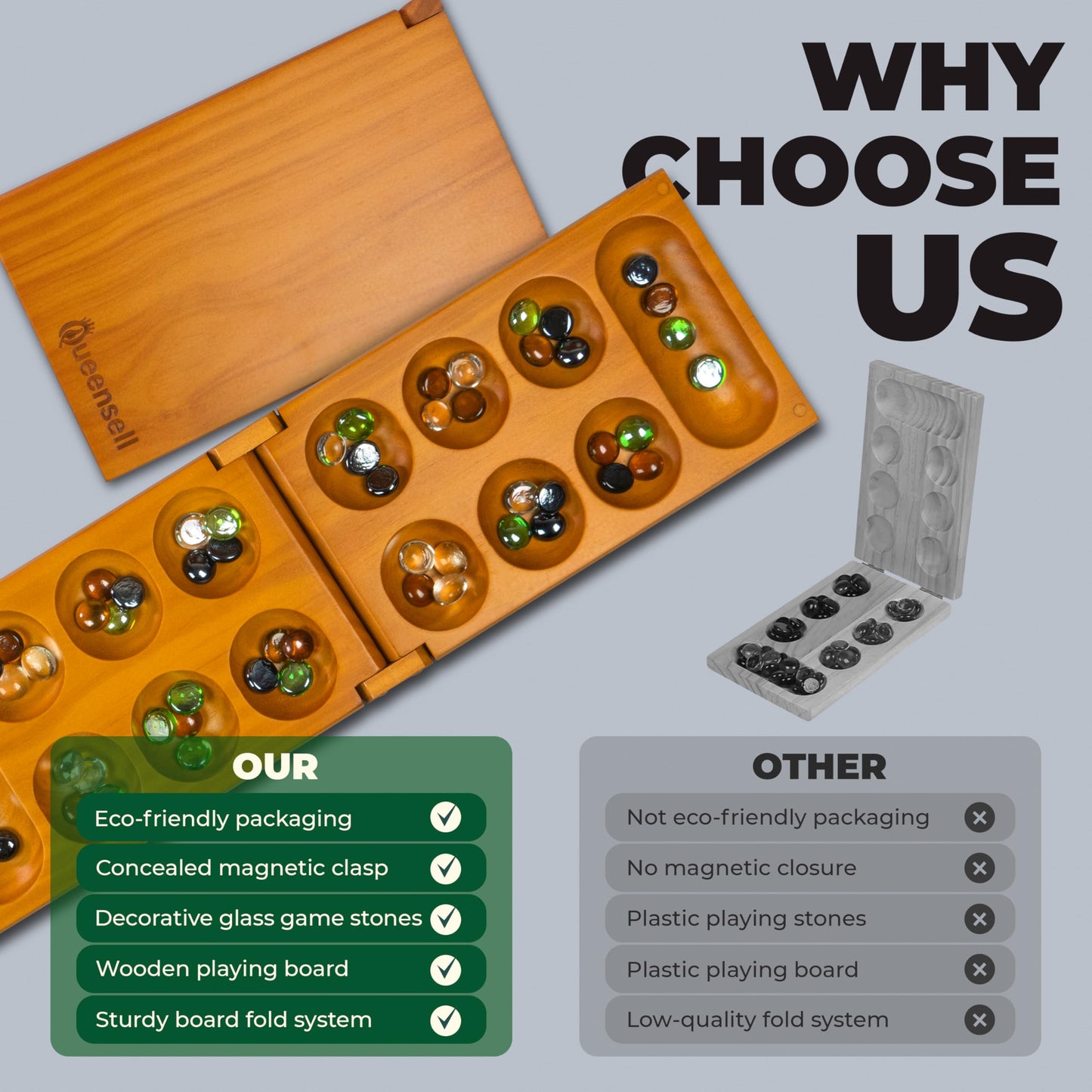 Mancala Board Game with Magnetic Lock – Classic 2-Player Folding Game – Wooden Mancala Set with 56 Glass Pebbles – Mancala Game for Kids and Adults