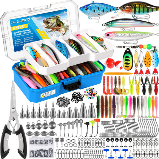 PLUSINNO Fishing Tackle Box with Tackle Included, 373PCS Fishing Lures Kit with Removable Tray, Fishing Gear with Pliers, Weights, Hooks, Accessories, Fishing Tackle Lure Kit Gifts for Men Bass Trout