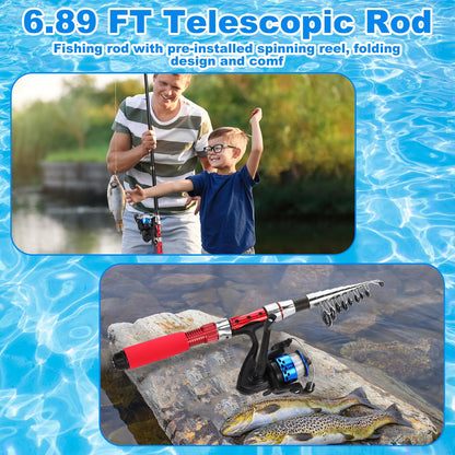 LaRandom 51 Pcs Fishing Pole Combo 6.89ft Telescopic Rods Set Collapsible Fishing Rods with Plier Lip Gripper Lures Carrier Bag Pre Loaded Spinning Reel with Freshwater Rod and Reel Combos Kit (Red)