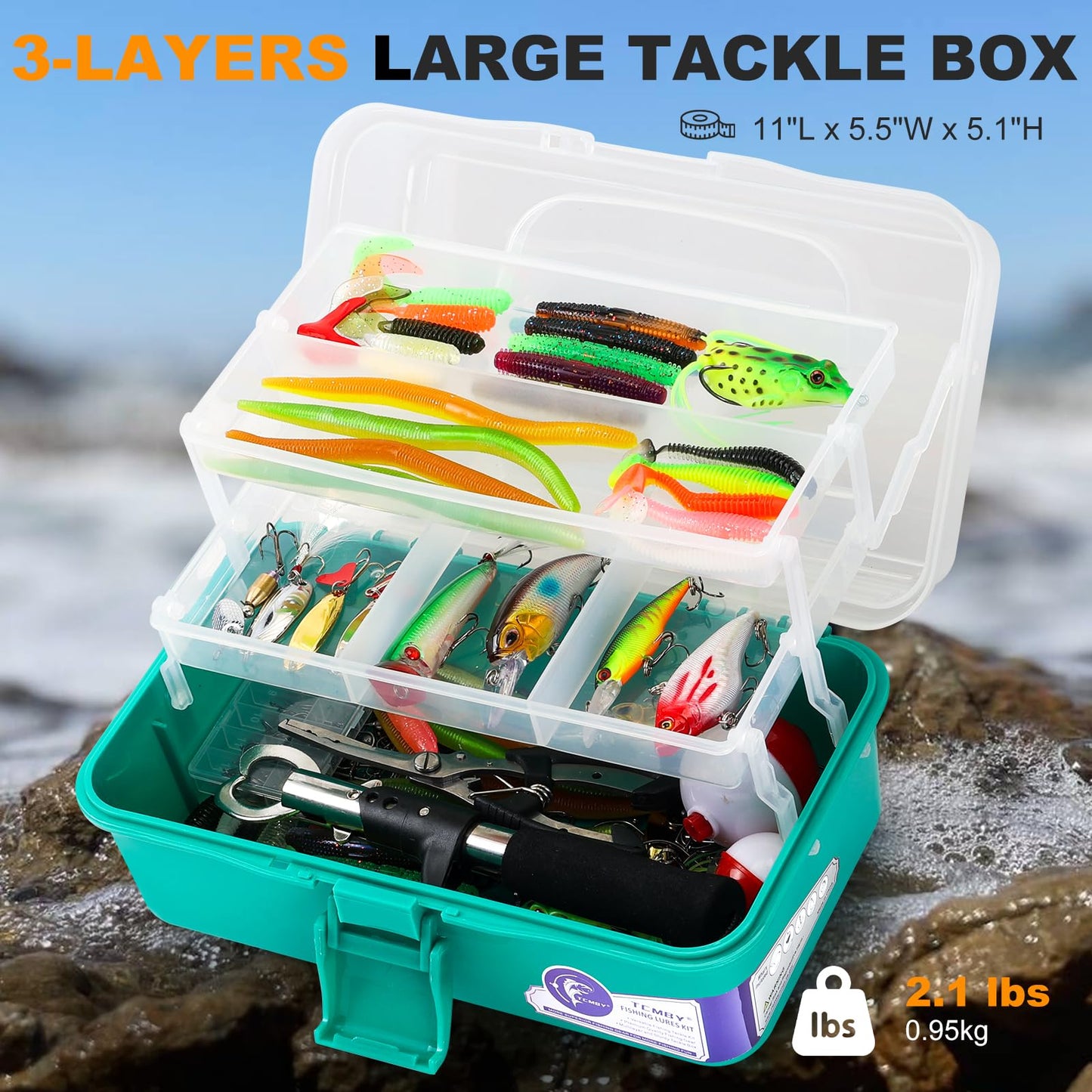 TCMBY 3 Layers Tackle Box with Tackle Included, 321Pcs Fishing Lures Kit Contains Pliers, Crankbait, Hooks, Weights & Accessories, Fishing Gear Bait Lure Gifts for Men Bass Freshwater (Green)