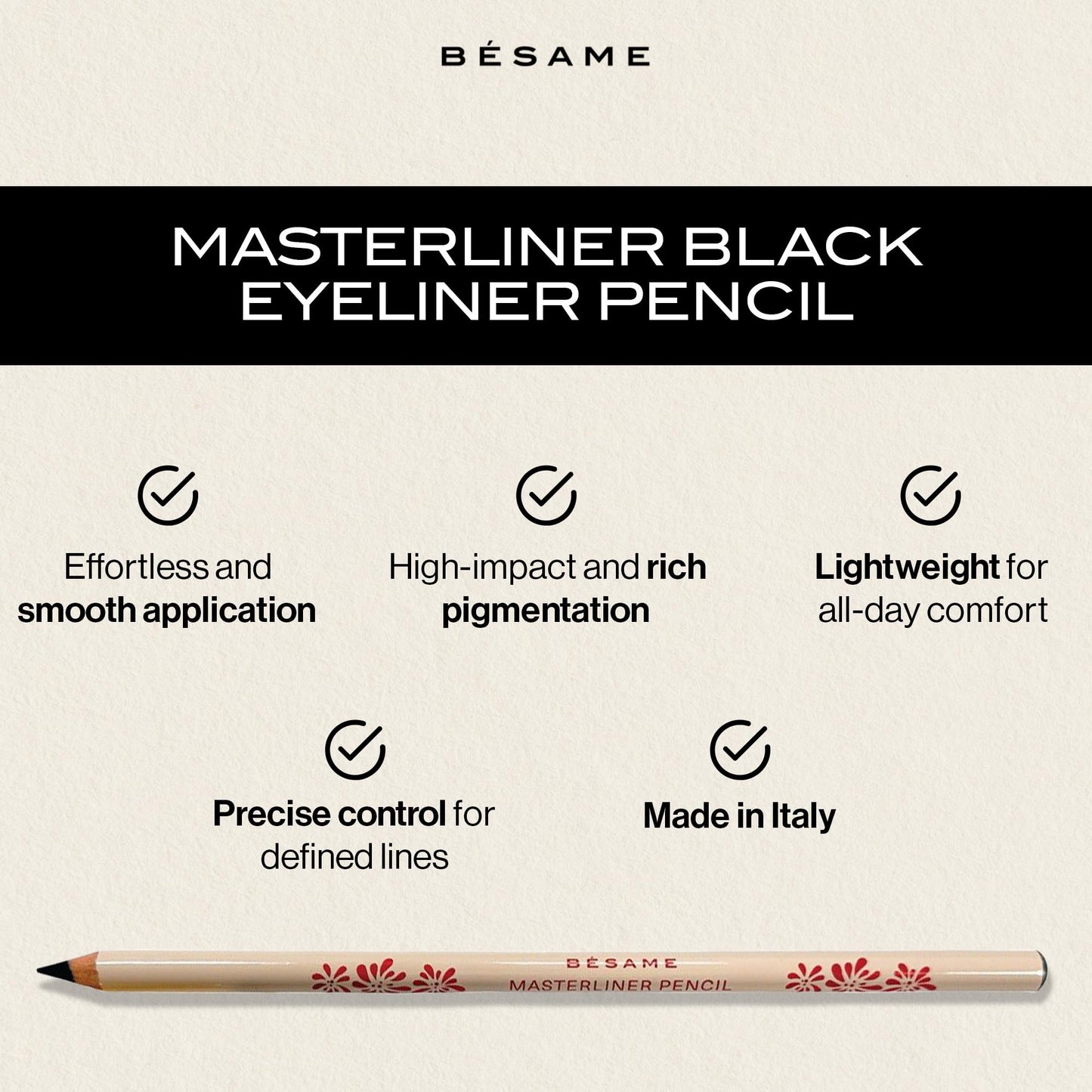 BESAME MasterLiner Pencil Black – Matte Black Eyeliner, Vintage-Inspired Gluten-Free Eye Liner Pencil for Bold, Precise Lines and Easy Application