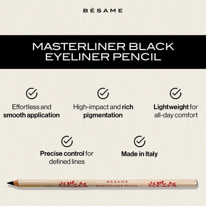 BESAME MasterLiner Pencil Black – Matte Black Eyeliner, Vintage-Inspired Gluten-Free Eye Liner Pencil for Bold, Precise Lines and Easy Application