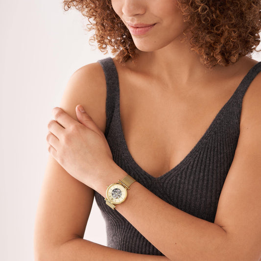 Fossil Women's Carlie Automatic Stainless Steel Mesh Three-Hand Watch, Color: Gold (Model: ME3250)