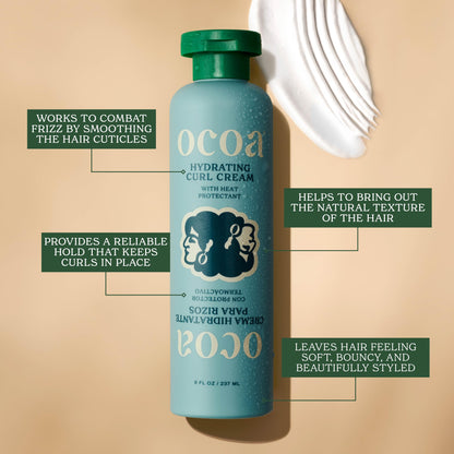 OCOA Beauty Hydrating Curl Cream with Hibiscus, Mango Butter, and Marula Oil - Defines, Moisturizes, Controls Frizz & Protects from Heat - For Curly & Wavy Hair, 8 oz