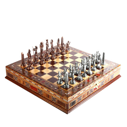 Egypt Pharaoh Antique Copper Figures Metal Chess Set for Adults Handmade Pieces and Natural Solid Wooden Chess Board with Pearl Design Around Board and Storage Inside King 3.4inc