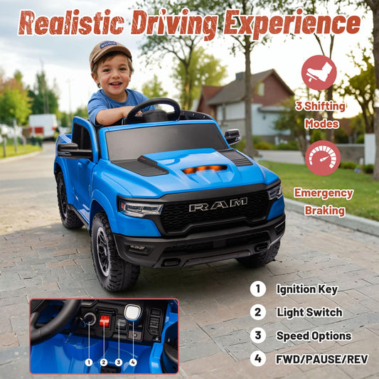 Segmart Licensed Ram 1500 Ride on Toys for Kids 4-8, Ride-on Electric Car for Kids with Remote Control, Battery Powered with Car Key/Gear Selector, LED Light/Music/MP3, Back Storage (Blue)