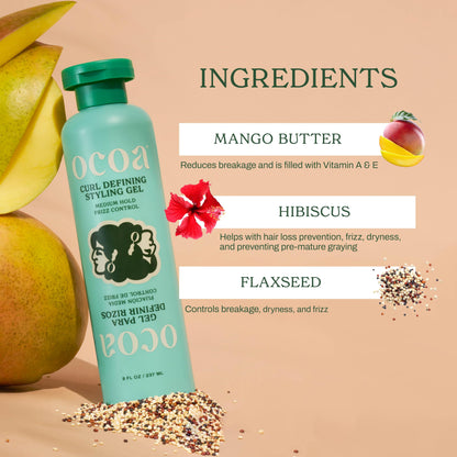 OCOA Beauty Curl Defining Styling Gel with Flaxseed, Mango Butter & Hibiscus - Hydrates, Defines, and Controls Frizz for Soft, Touchable Curls, 8 oz