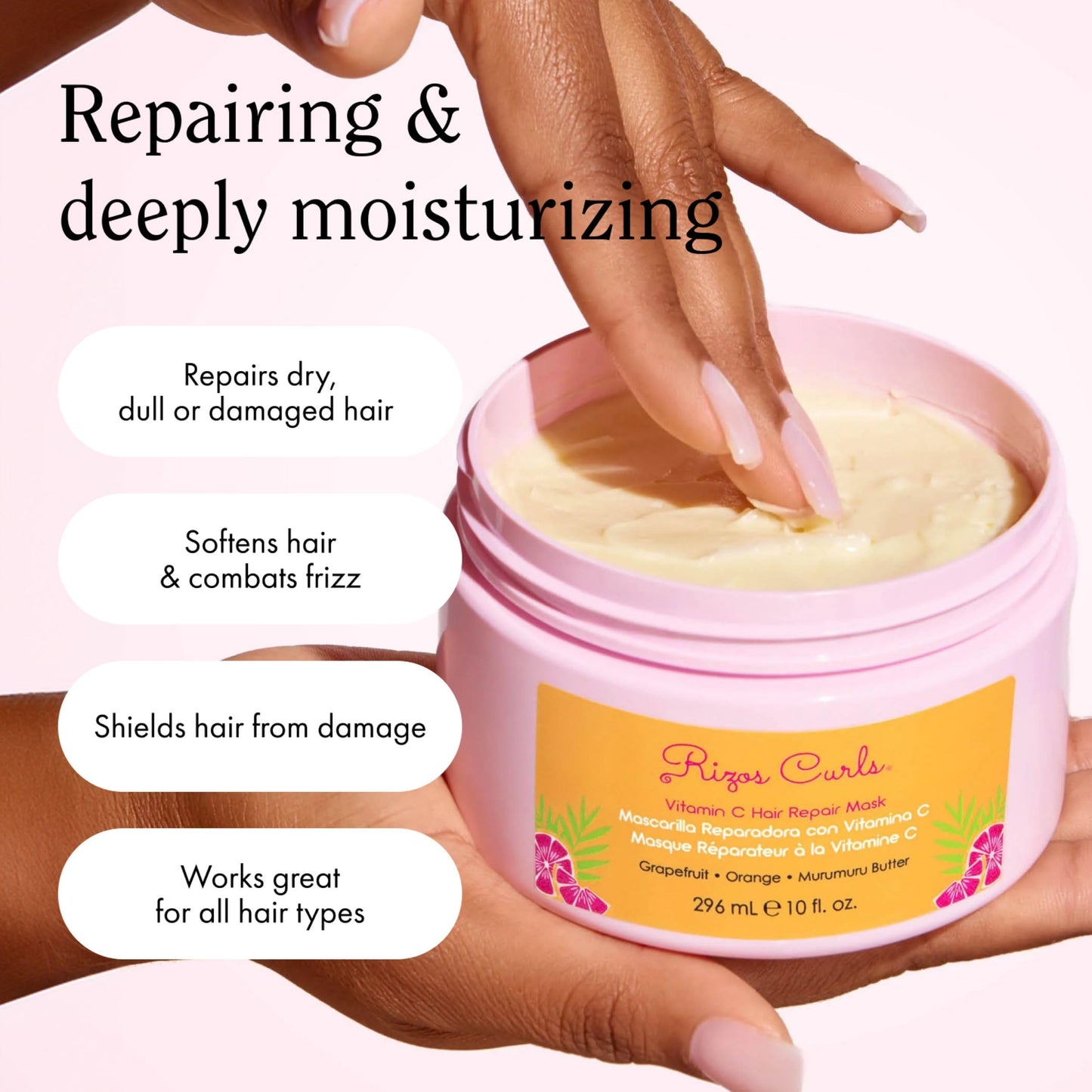 Rizos Curls Vitamin C Hair Repair Mask, Deeply Moisturizes & Hydrates, Softens & Minimize Frizz while Adding Shine, For Dry Damaged Hair, Infused with Shea Butter, 10 oz