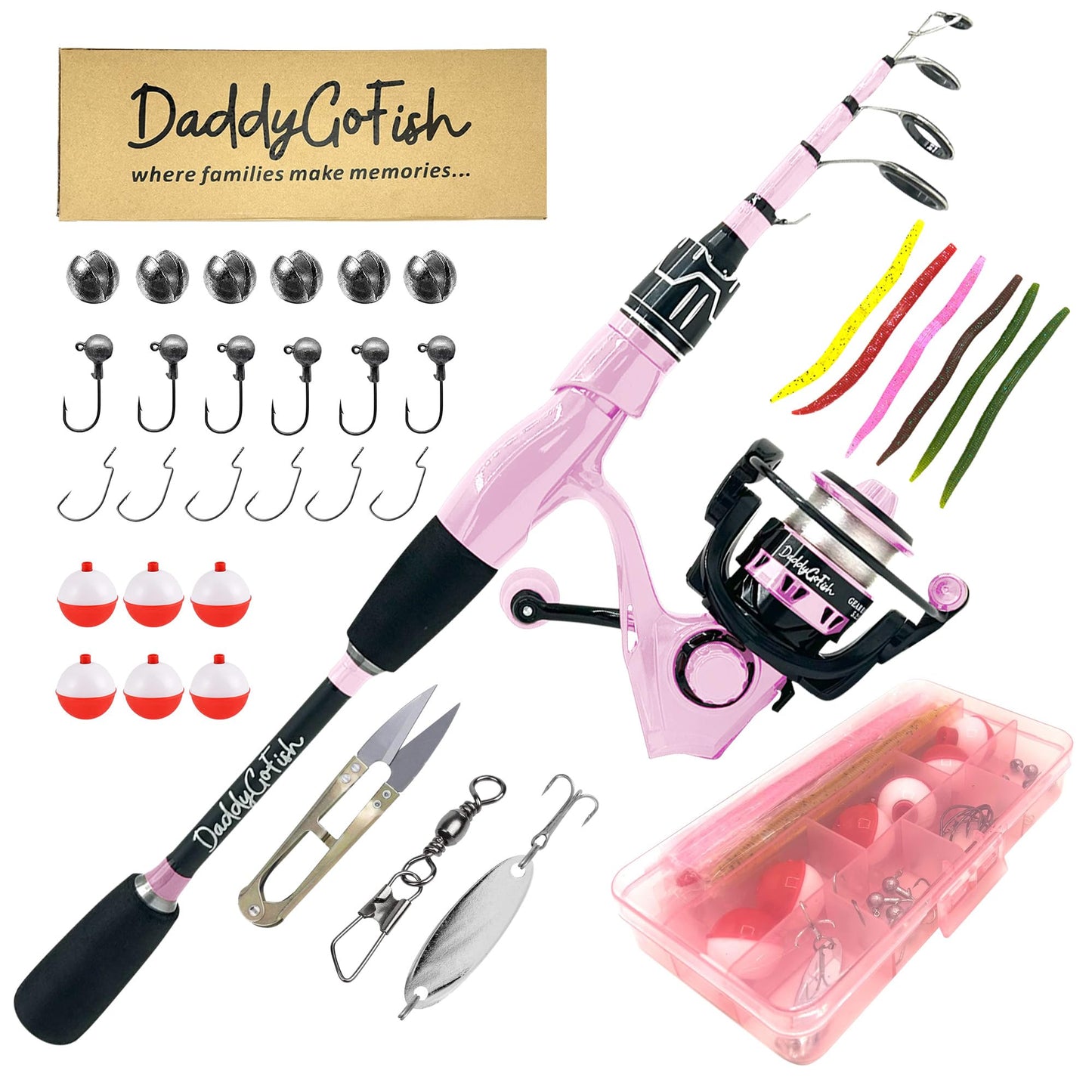 DaddyGoFish Spinning Fishing Rod and Reel Combo Set with Tackle Box | Kids Fishing Pole | Carbon Fiber Telescopic Fishing Rod Kit | Spinning Reel for Travel Saltwater Freshwater Fishing Gear Kit