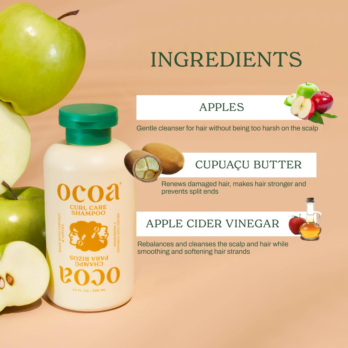 OCOA Curl Care Shampoo & Conditioner Duo – Sulfate-Free with Apple & Cupuaçu Butter, Moisture Retention, Hair Growth, and Healthy Scalp – For Wavy, Curly, Dry, Damaged & Color-Treated Hair – 10oz