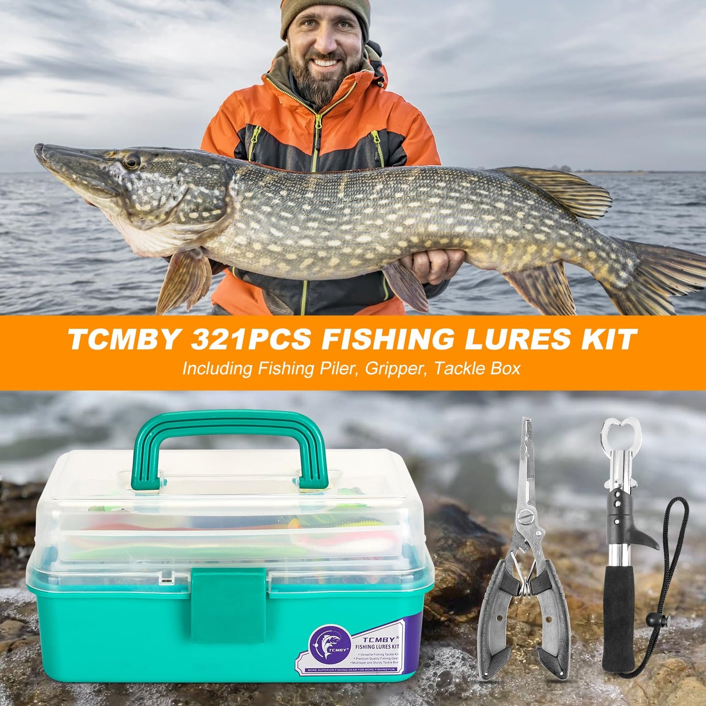 TCMBY 3 Layers Tackle Box with Tackle Included, 321Pcs Fishing Lures Kit Contains Pliers, Crankbait, Hooks, Weights & Accessories, Fishing Gear Bait Lure Gifts for Men Bass Freshwater (Green)