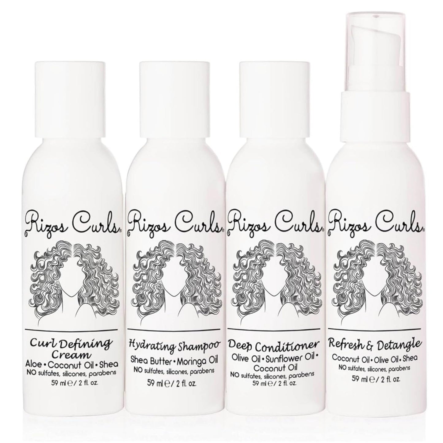 Rizos Curls 4-Step Travel Kit for Curly Hair: Curl Defining Cream, Shampoo, Conditioner, Refresh & Detangle (2 fl oz each)