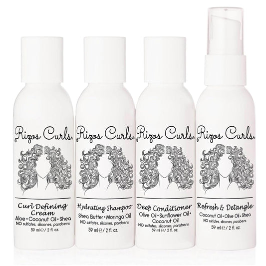 Rizos Curls 4-Step Travel Kit for Curly Hair: Curl Defining Cream, Shampoo, Conditioner, Refresh & Detangle (2 fl oz each)