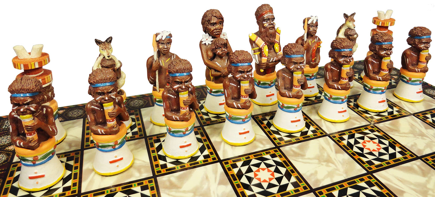 Australian Aborigines Tribal Chess Set with 14 1/2 inch Mosaic Color Board Aboriginal