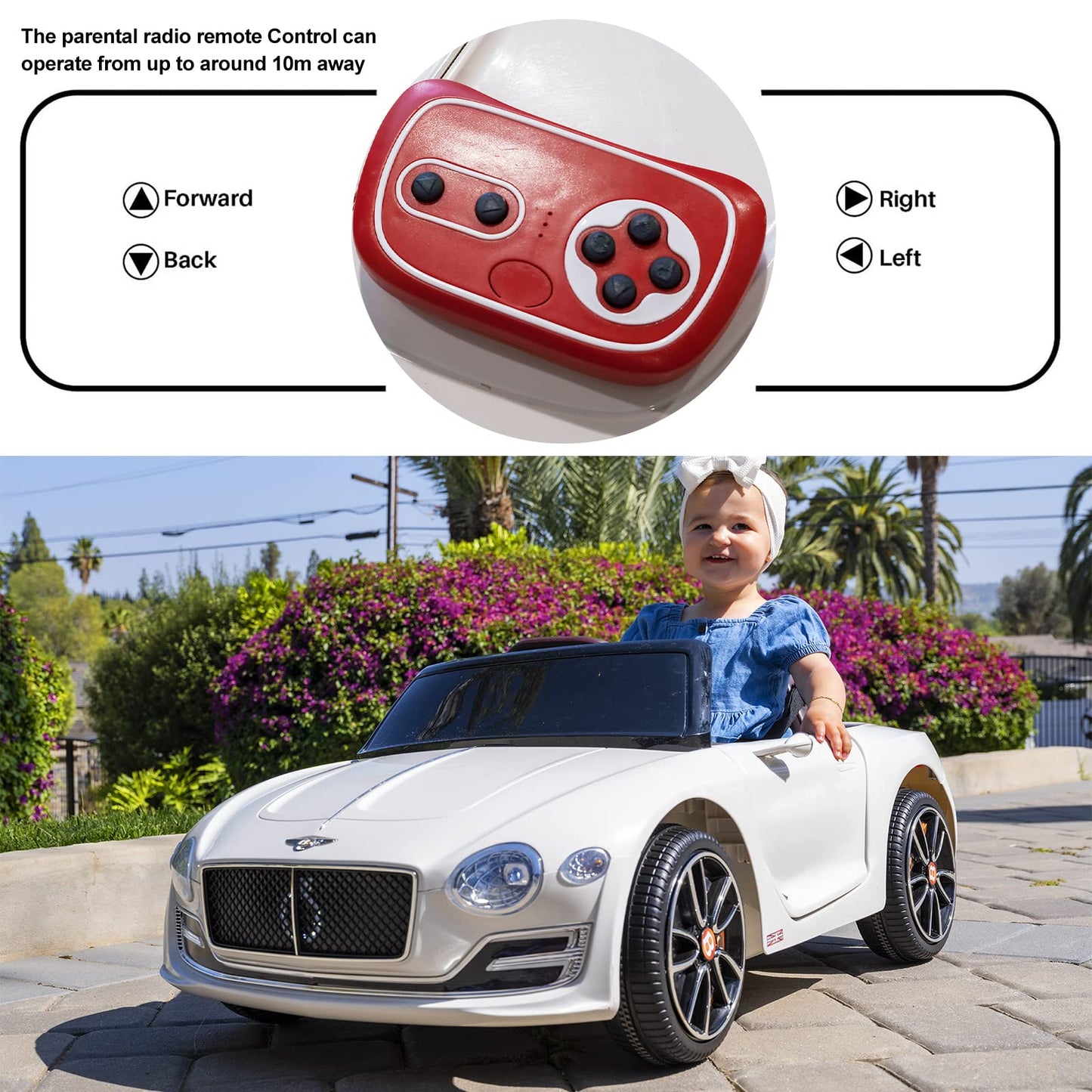 SEHOMY White 12V Electric Kid car with Parent Remote, Bentley Licensed Cars for Kids, Battery Powered Kids Ride on car, 4 Wheels Motorized Vehicles Children Toys, 2 Speeds, LED Headlights, MP3, Aux