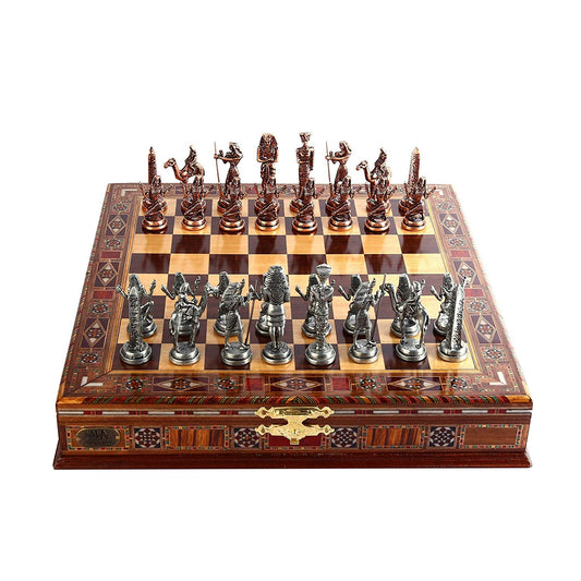 Egypt Pharaoh Antique Copper Figures Metal Chess Set for Adults Handmade Pieces and Natural Solid Wooden Chess Board with Pearl Design Around Board and Storage Inside King 3.4inc