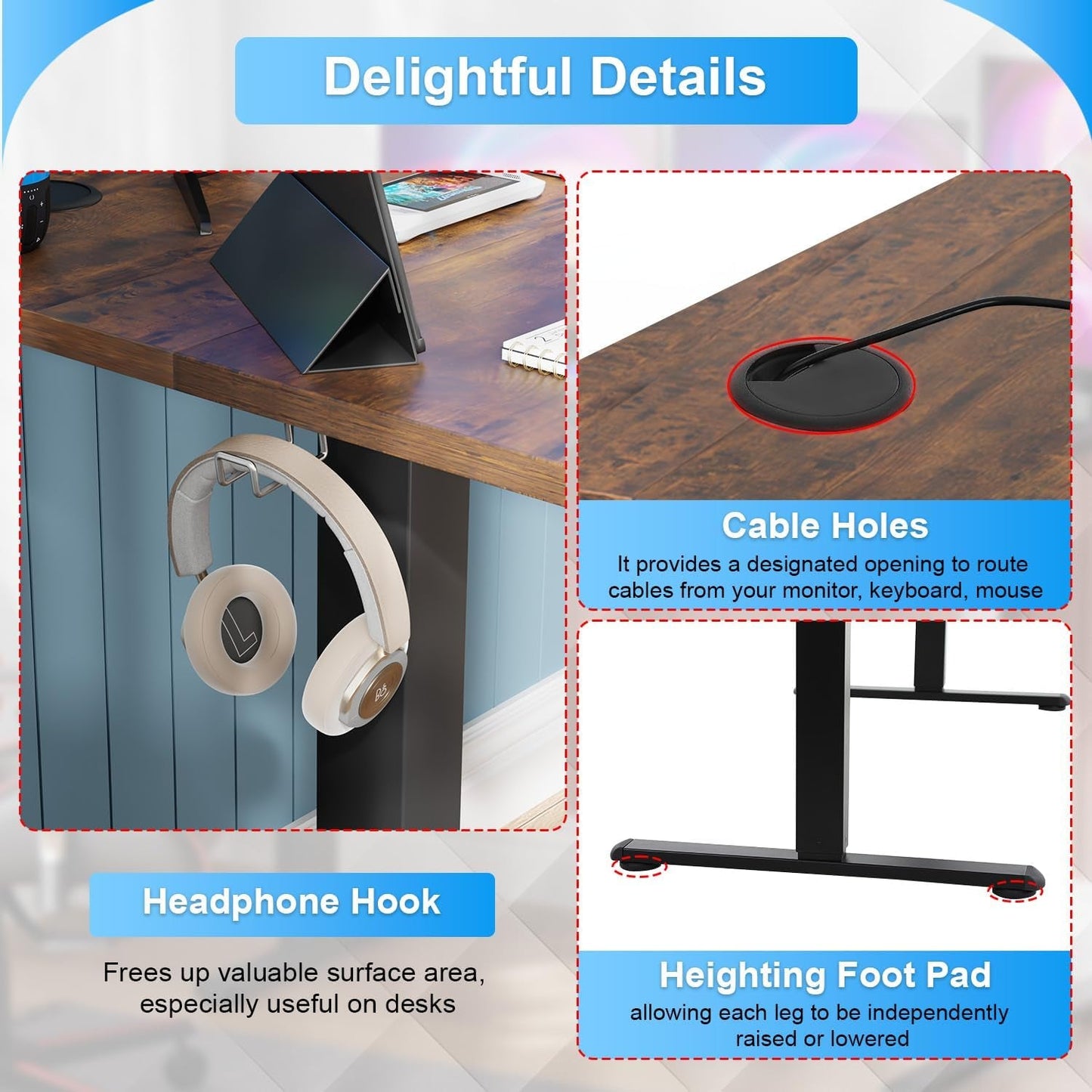 55 Inch Height Adjustable Gaming Desk Electric Standing Desk That Raises up and down Modern Computer Table with Electric Lifting Headphone Hook, Brown-3