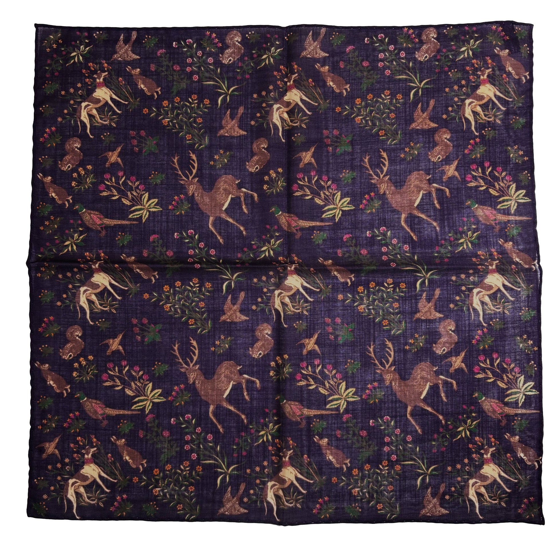 Terra - Floral Animal Motif - Purple - Wool/Silk Pocket Square-3