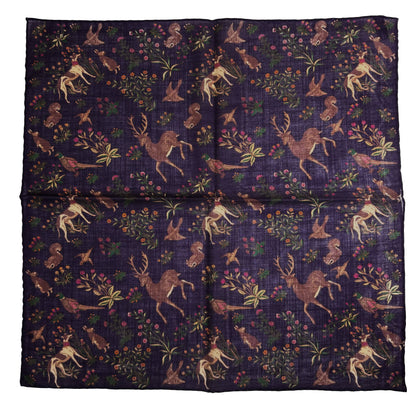 Terra - Floral Animal Motif - Purple - Wool/Silk Pocket Square-3