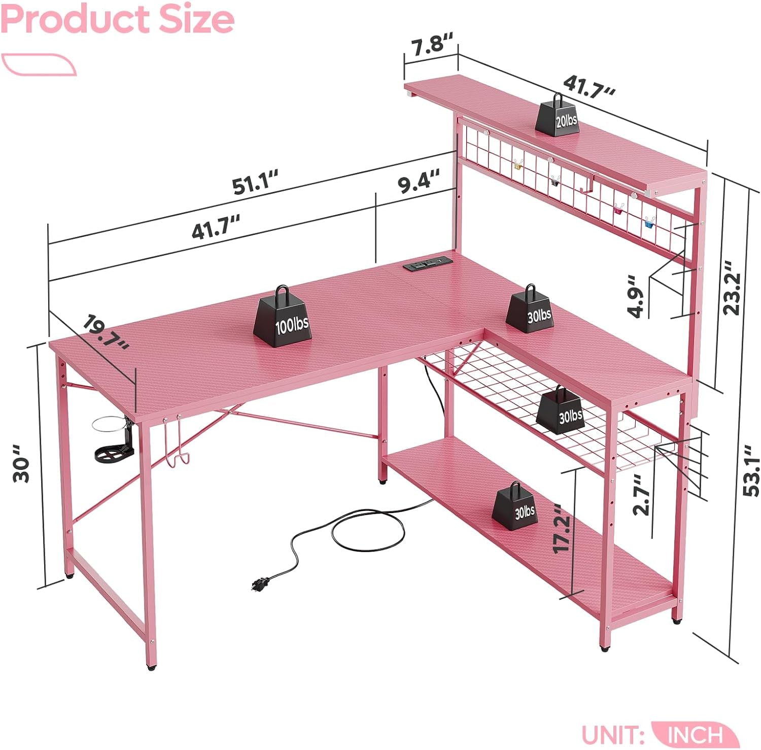 Gaming Desk 51" L-Shaped, with Power Outlets & LED Lights- 4 Tier Shelves, Reversible Gamer Table with Hooks & Cup Holder for Home Office Carbon Fiber Pink-2