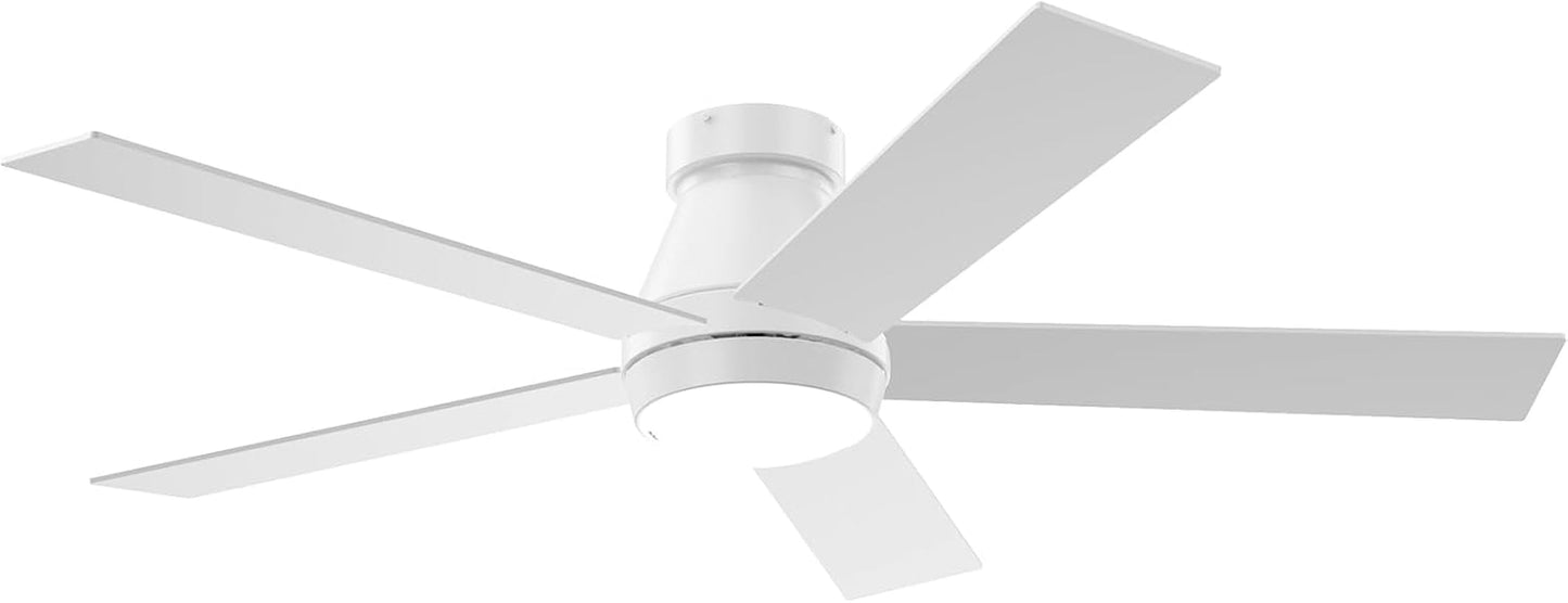 52" Ceiling Fan with Lights, White Flush Mount Ceiling Fans, 5 Blades Low Profile Ceiling Fans, 6 Speeds DC Reversible, Dimmable, Modern Ceiling Fans for Bedroom, Living Room and Garage (White)-0