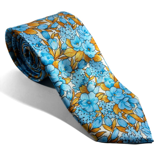 Light Blue & Gold Floral Motif Silk Satin Tie-0