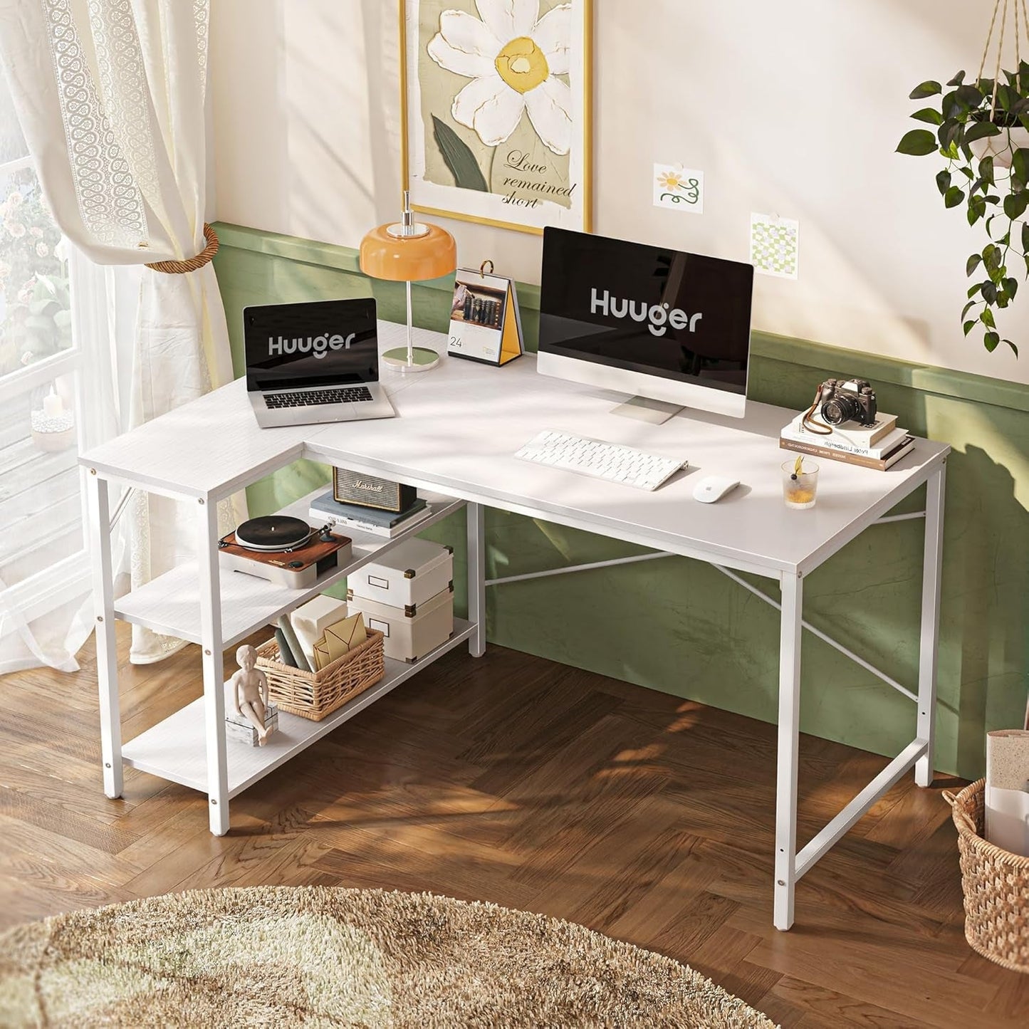 L Shaped Desk, 47 Inches Computer Desk with Reversible Storage Shelves, Gaming Desk, Corner Desk Home Office Desks, Writing Desk Study Desk with Metal Frame, White-1