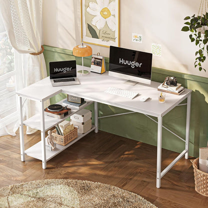 L Shaped Desk, 47 Inches Computer Desk with Reversible Storage Shelves, Gaming Desk, Corner Desk Home Office Desks, Writing Desk Study Desk with Metal Frame, White-1