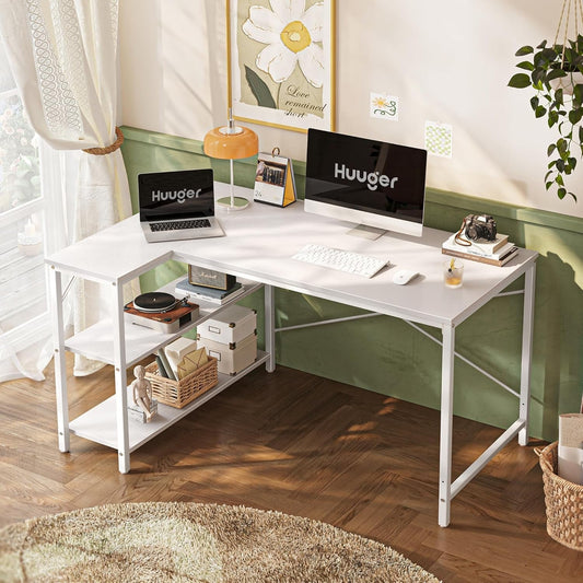 L Shaped Desk, 47 Inches Computer Desk with Reversible Storage Shelves, Gaming Desk, Corner Desk Home Office Desks, Writing Desk Study Desk with Metal Frame, White-1