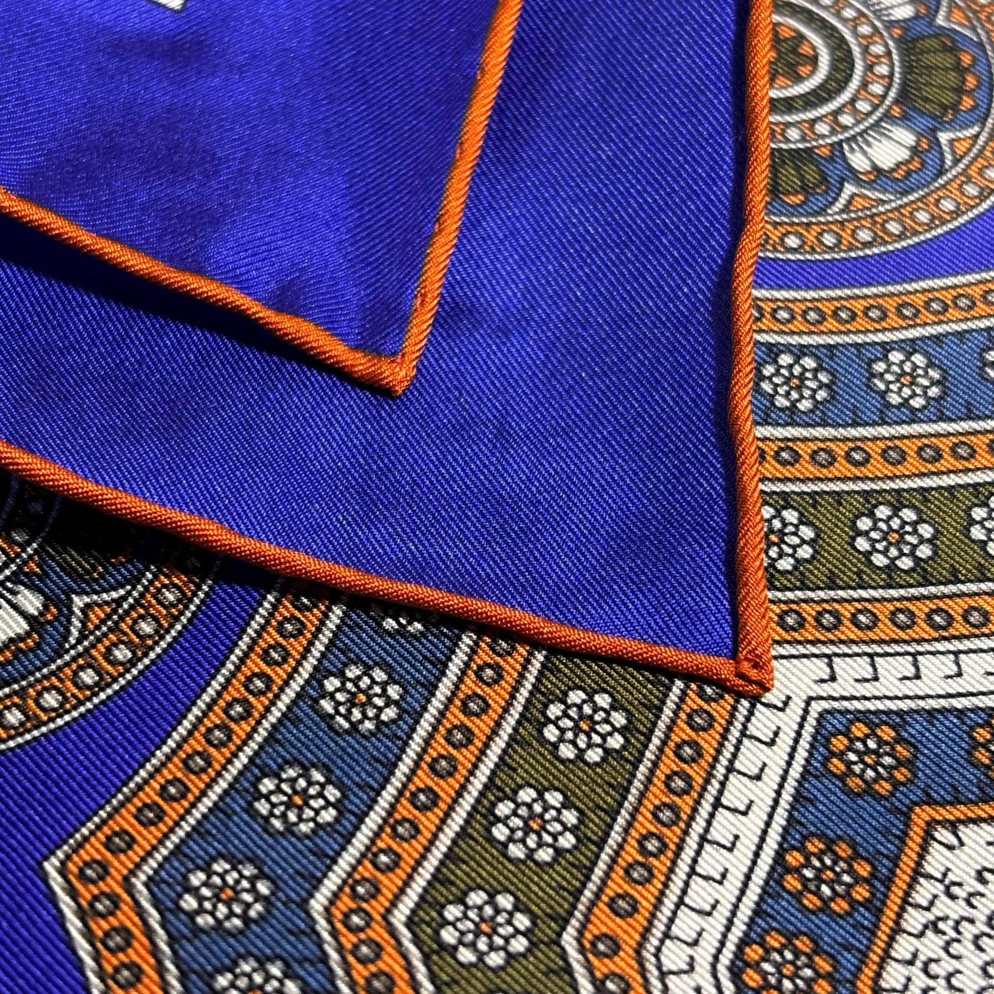 Regal Indigo & Orange Medallion Silk Pocket Square-3