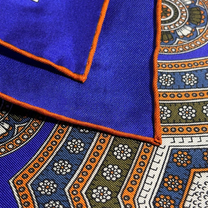 Regal Indigo & Orange Medallion Silk Pocket Square-3