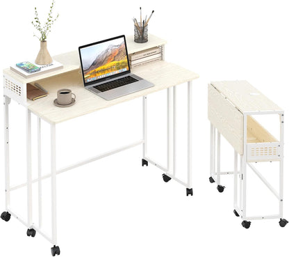 Folding Desk with Wheels and Storage for Small Spaces-0