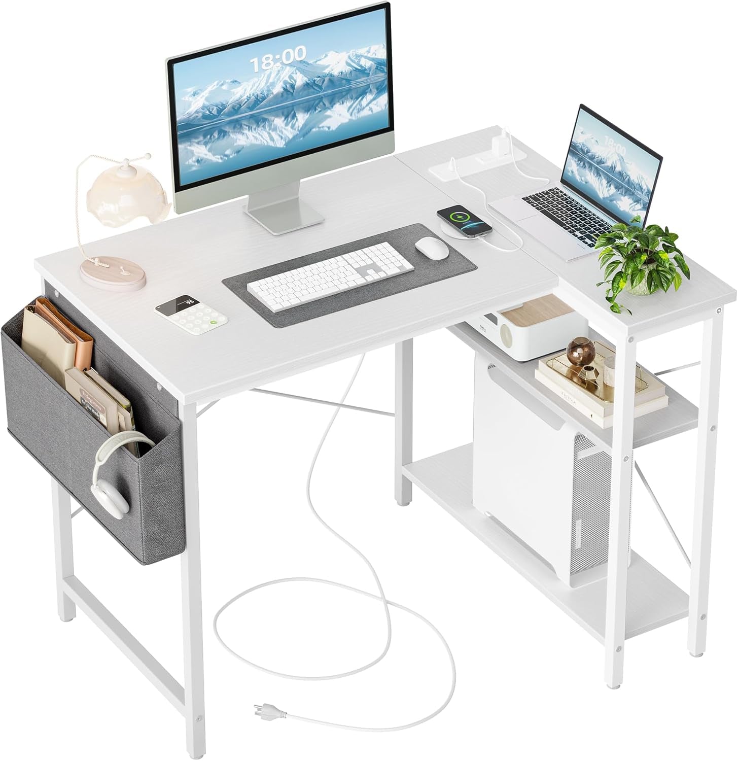Small Computer Desk with Power Outlets, 40 Inch L Shaped Desk with Reversible Shelves, Gaming Desk Corner Desk Study Writing Desk for Home Office Bedroom Small Space, White-0
