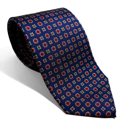 Navy Blue Geometric Floral Silk Tie-0