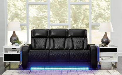 Boyington Contemporary Leather Match Power Reclining Sofa with Adjustable Headrest, Cup Holder, USB Charging Ports, Air Massage System and LED Lighting, Black-1